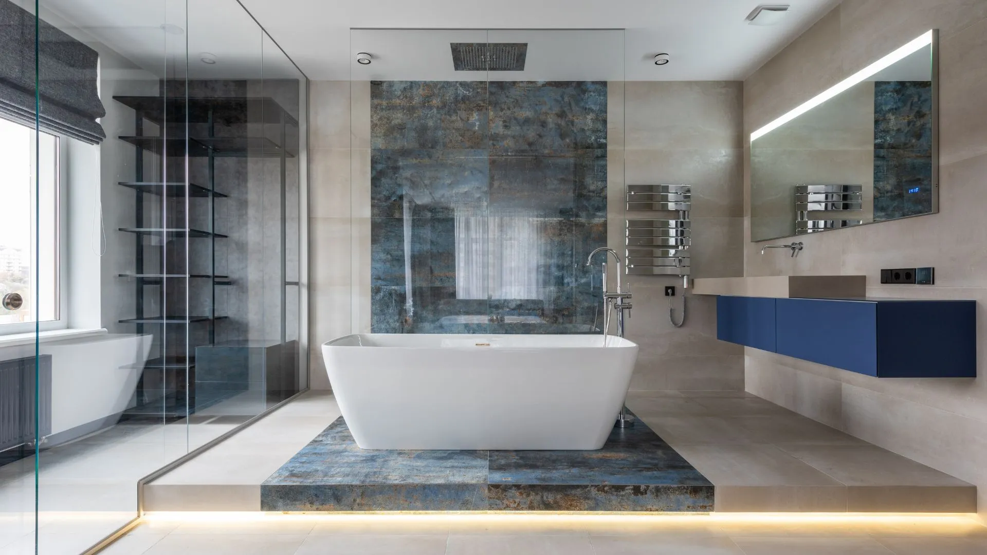 Curbless walk-in shower with linear drain installed in a pre-war San Francisco bathroom