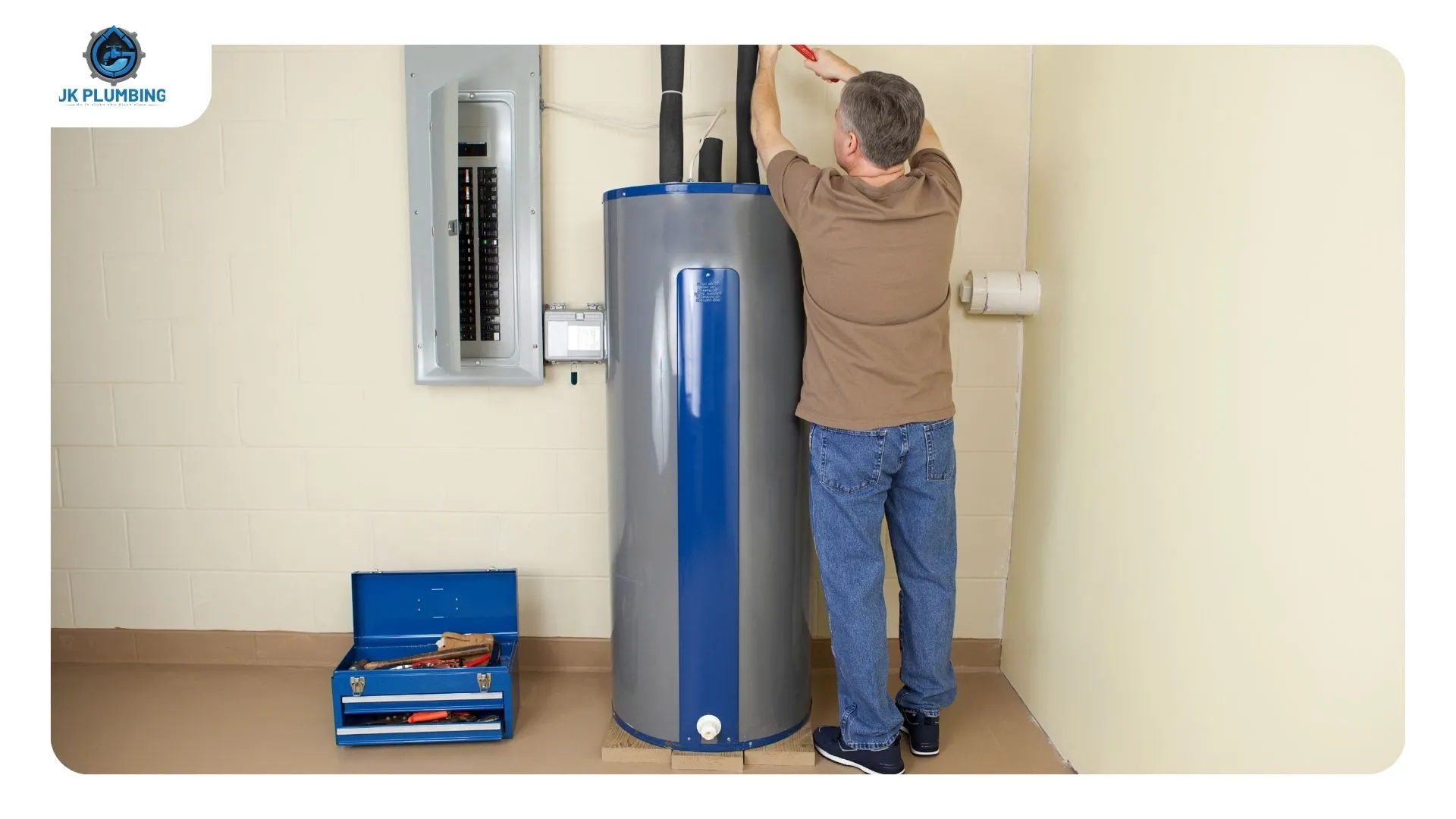 Thermal expansion tank installed above a water heater in a Cal Water served San Mateo home