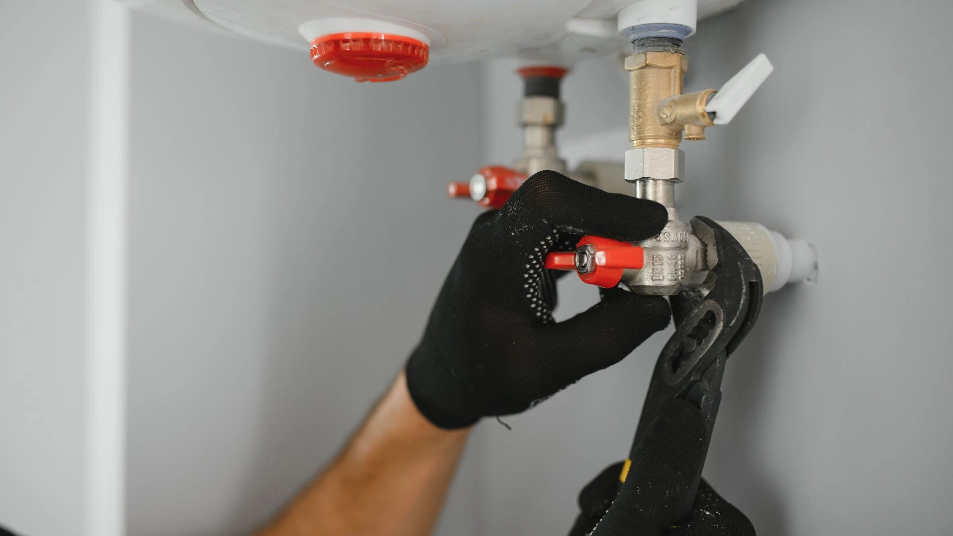 Wall-mounted tankless water heater installed in a Palo Alto home