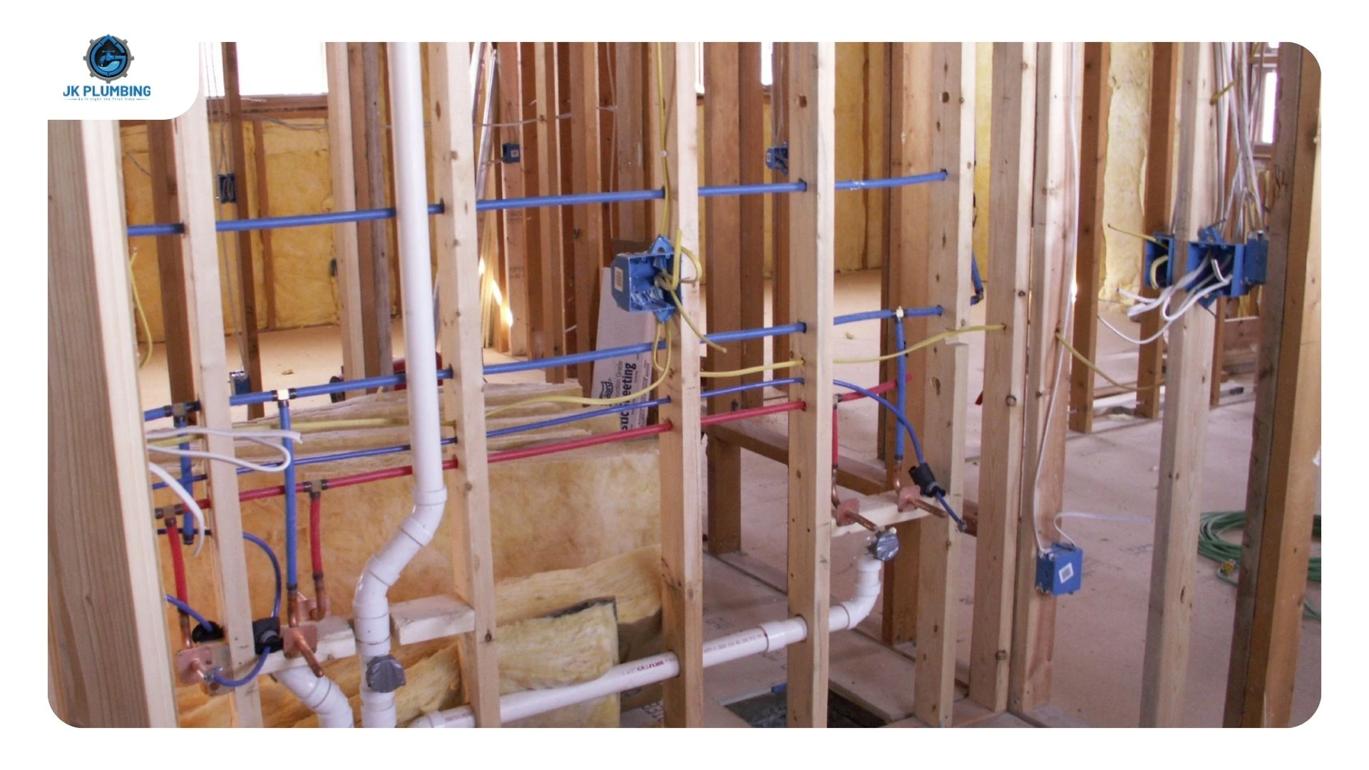 Solid wood blocking installed between wall studs for grab bars before the shower is tiled