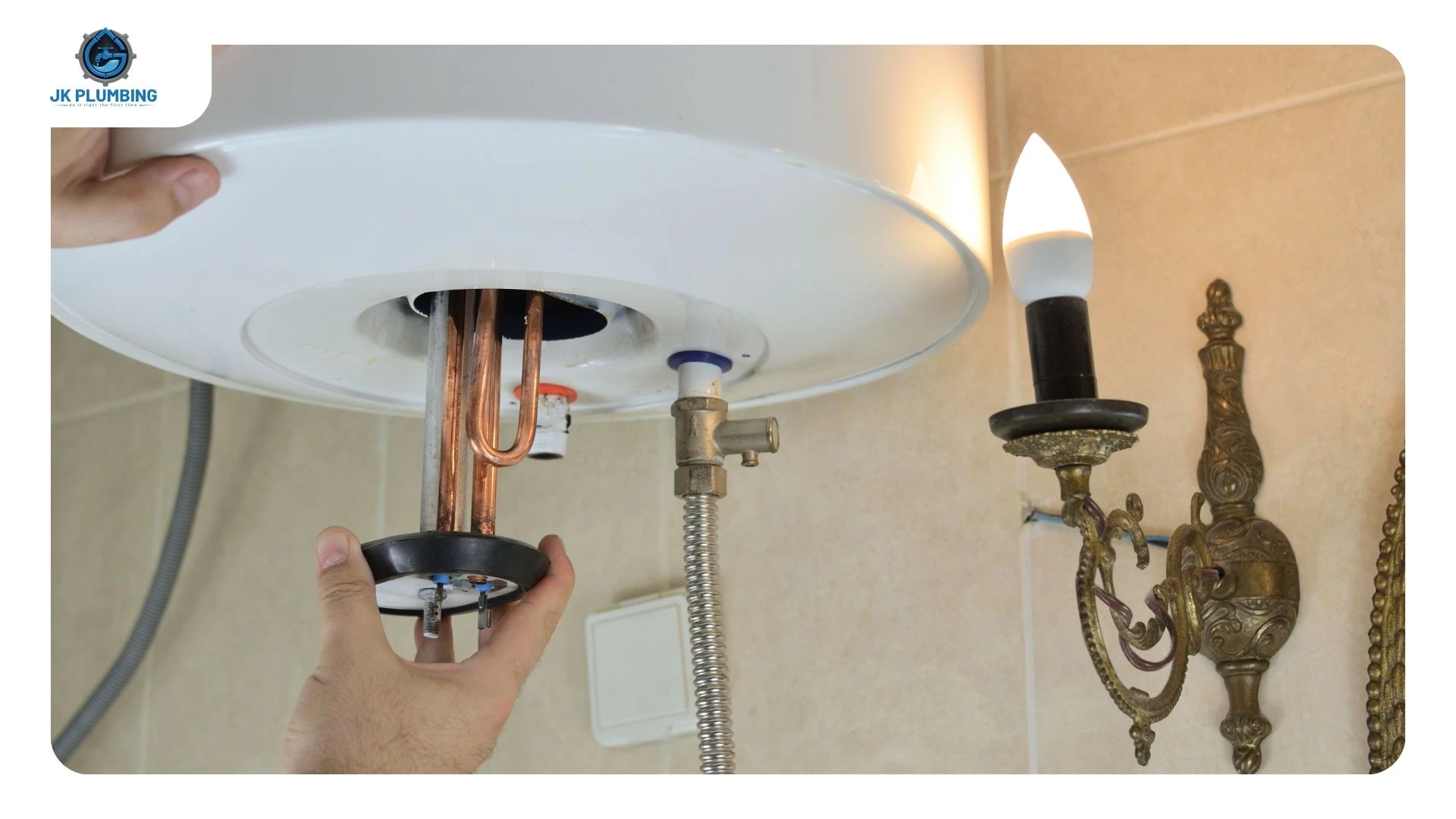 Gas control knob turned to off on a water heater, and the breaker switched off on an electric unit