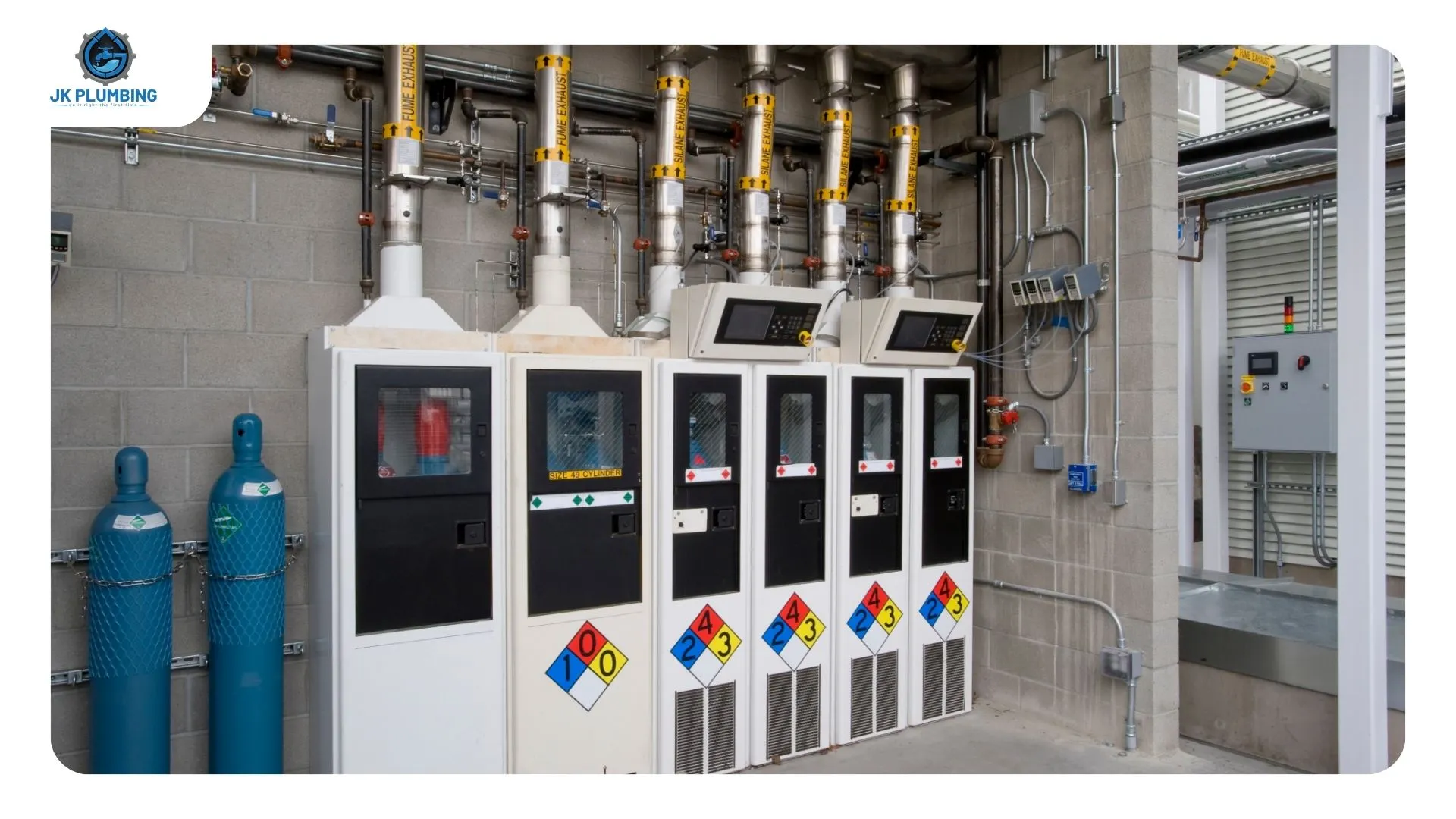 Size comparison of a 50-gallon tank water heater beside a wall-mounted tankless unit