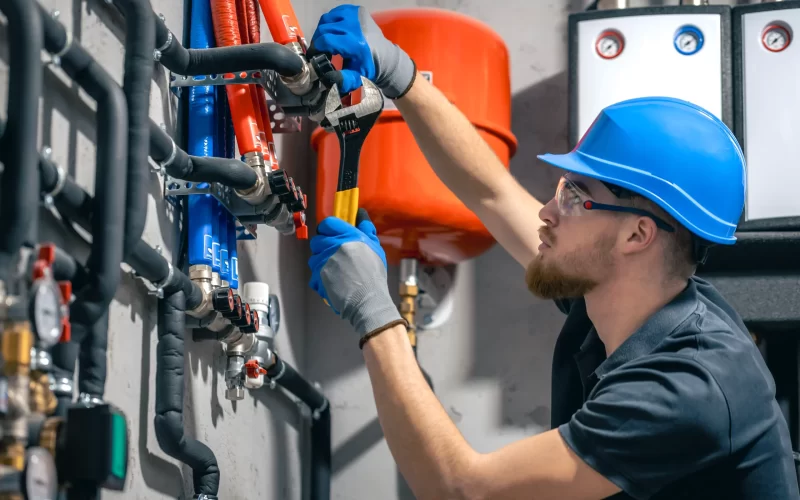 man-installs-heating-system-house-checks-pipes-with-wrench